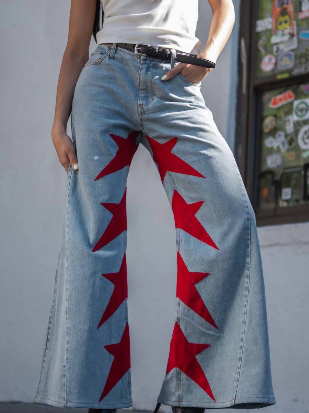 Andrew Charles Light Blue Wide Leg Jeans with Red Star Insets